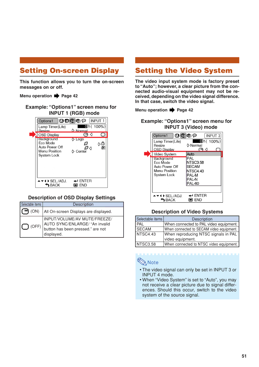 Eiki EIP-3500 owner manual Setting On-screen Display, Setting the Video System 