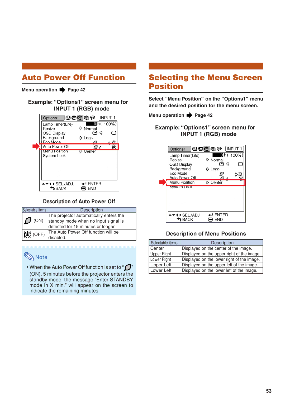 Eiki EIP-3500 owner manual Auto Power Off Function, Selecting the Menu Screen Position 