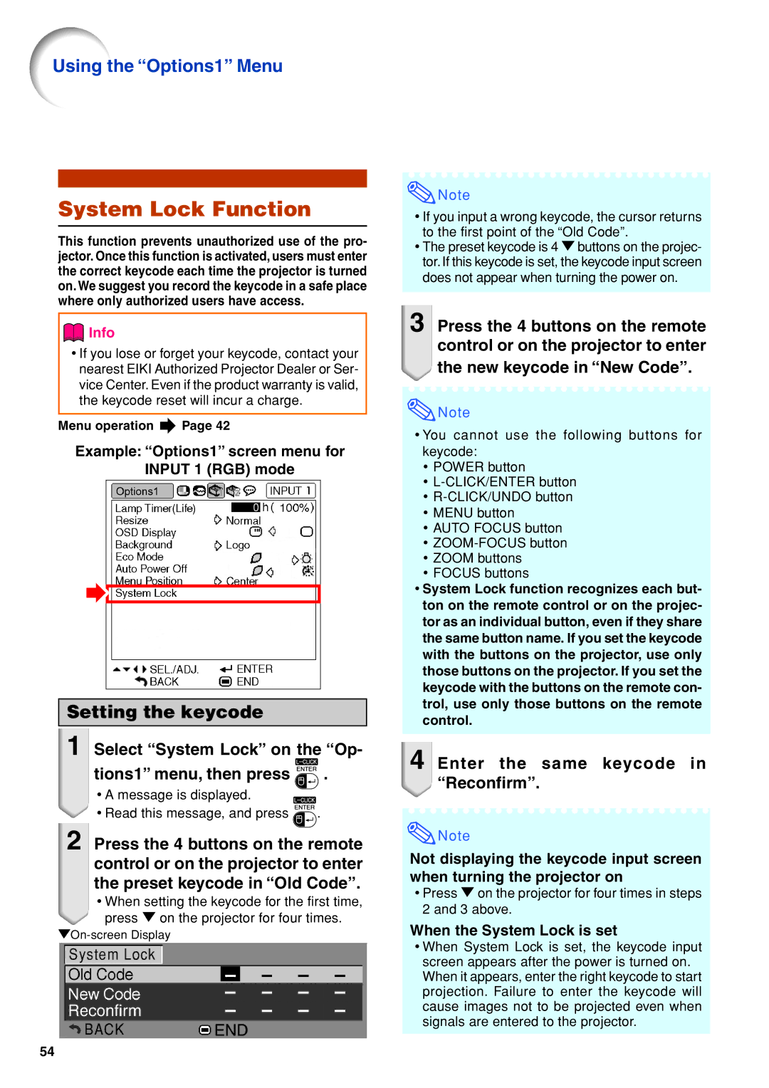 Eiki EIP-3500 System Lock Function, Select System Lock on the Op Tions1 menu, then press, When the System Lock is set 