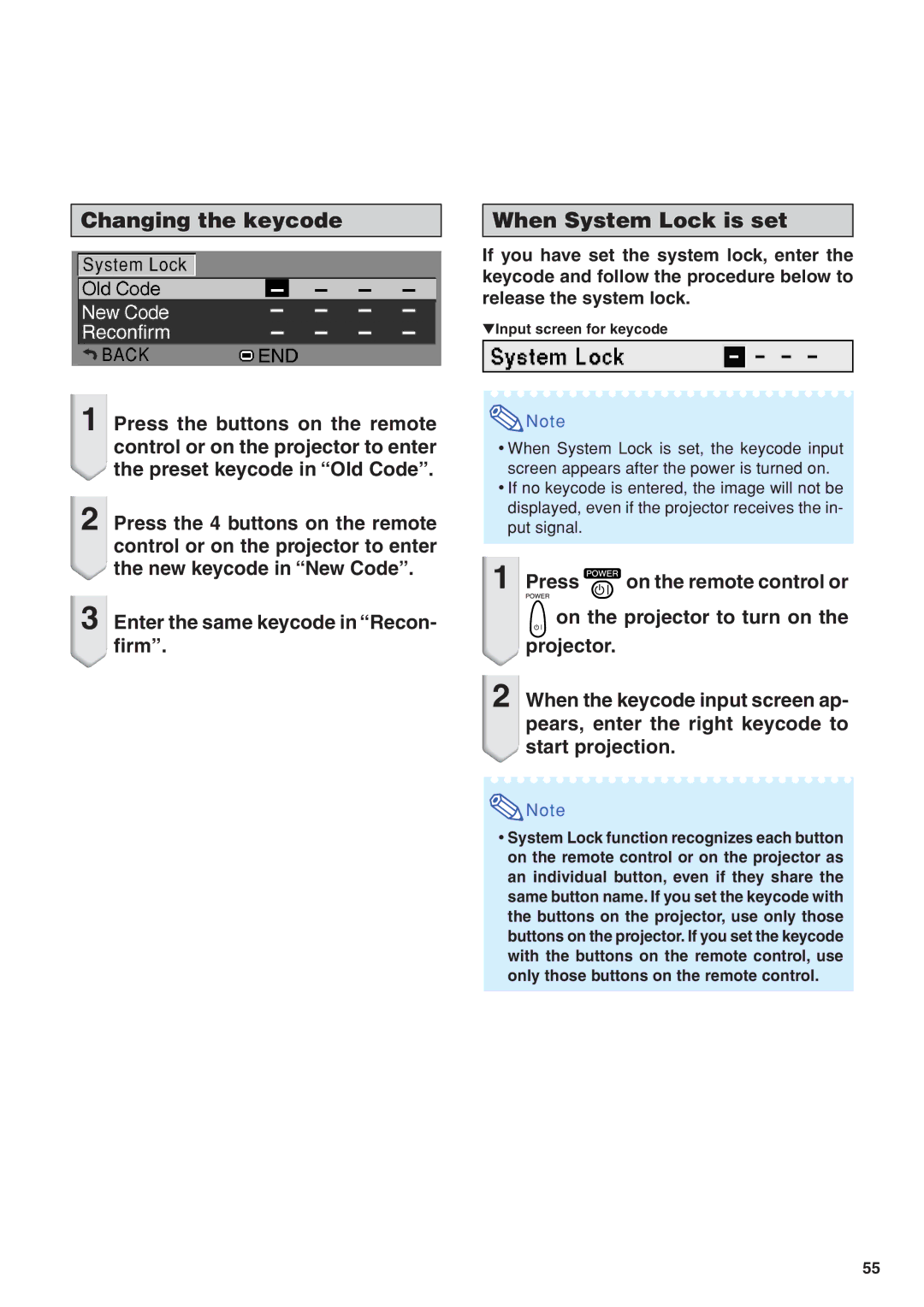 Eiki EIP-3500 owner manual Changing the keycode When System Lock is set 