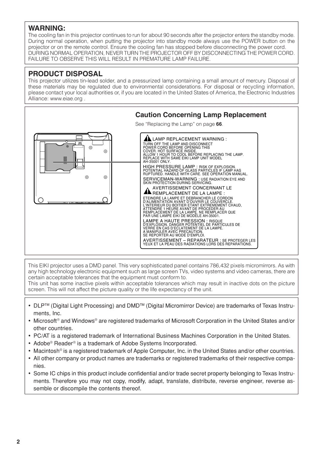 Eiki EIP-3500 owner manual Product Disposal 