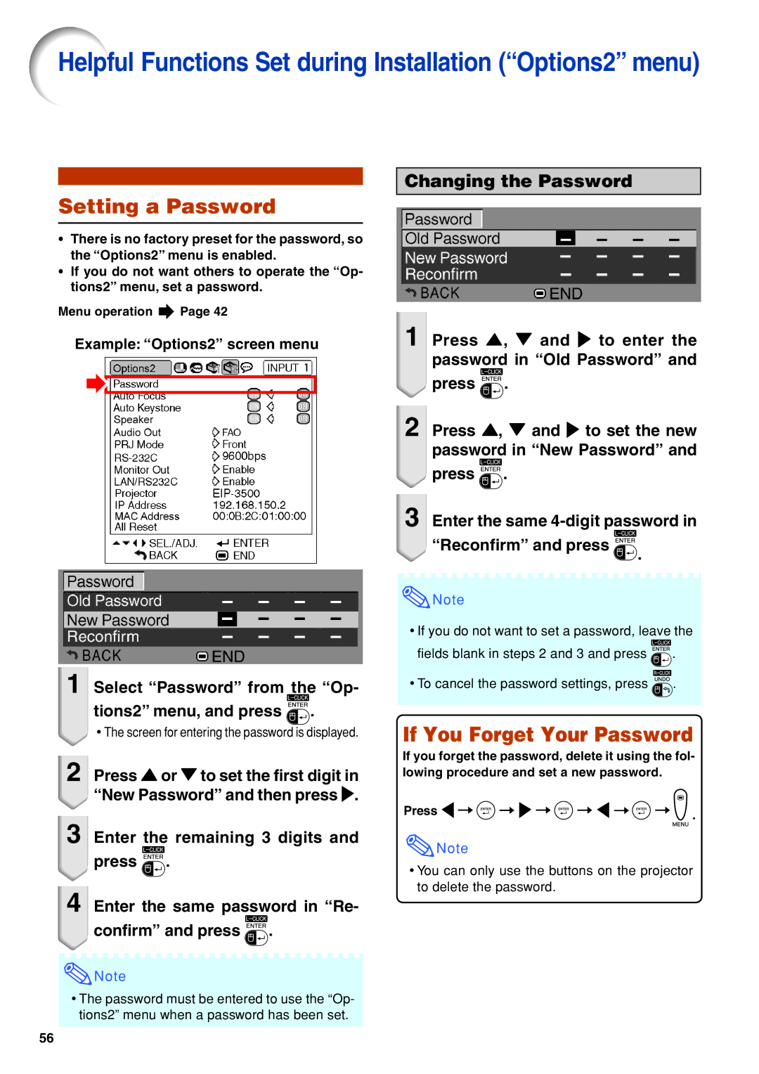 Eiki EIP-3500 owner manual Setting a Password, If You Forget Your Password, Example Options2 screen menu 