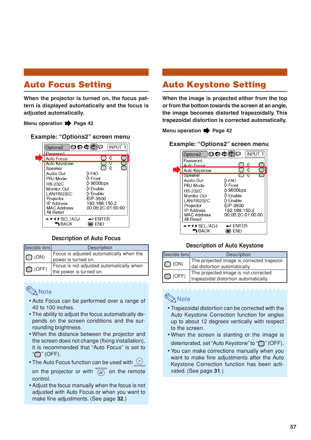 Eiki EIP-3500 Auto Focus Setting, Auto Keystone Setting, Example Options2 screen menu Description of Auto Focus 