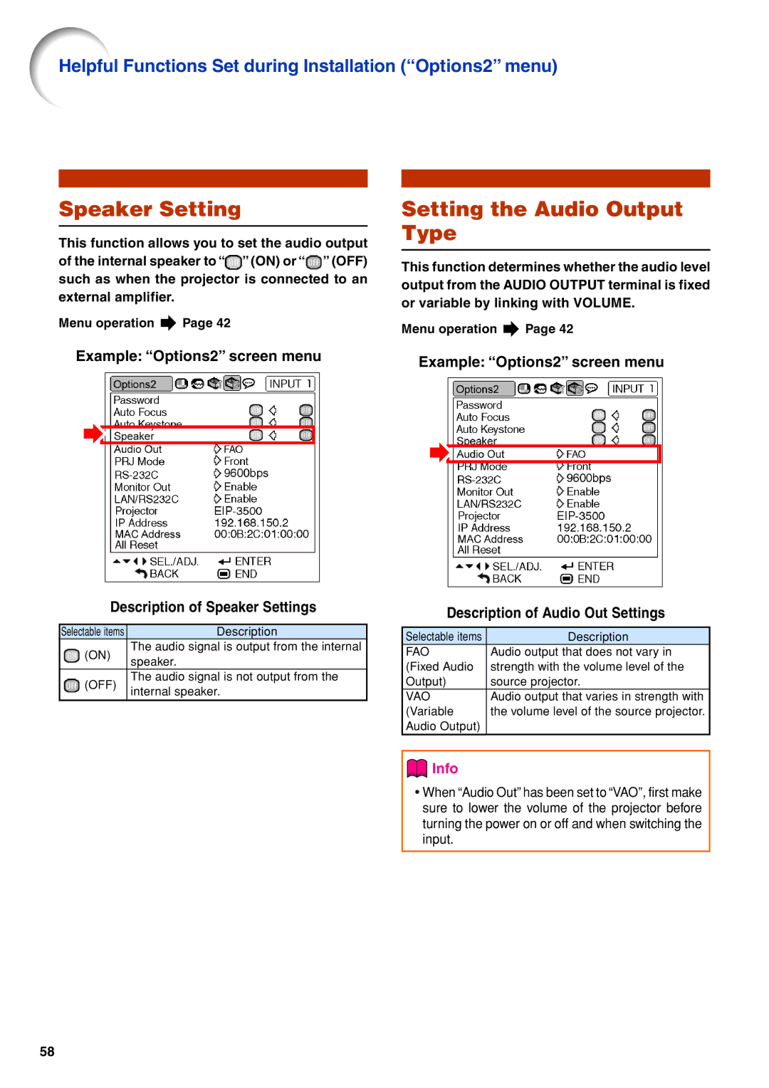 Eiki EIP-3500 owner manual Speaker Setting, Setting the Audio Output Type 