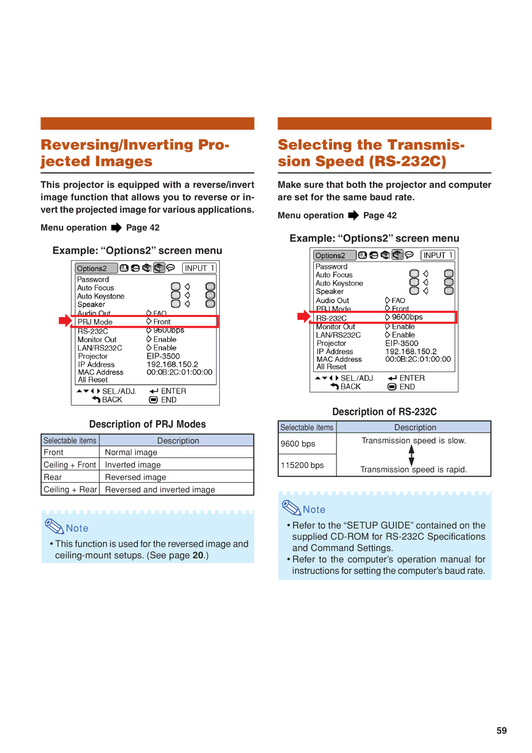 Eiki EIP-3500 owner manual Reversing/Inverting Pro- jected Images, Selecting the Transmis- sion Speed RS-232C 