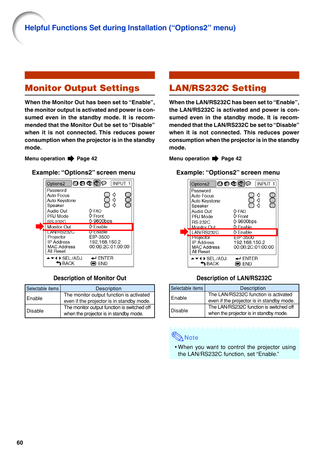 Eiki EIP-3500 Monitor Output Settings, LAN/RS232C Setting, Example Options2 screen menu Description of Monitor Out 