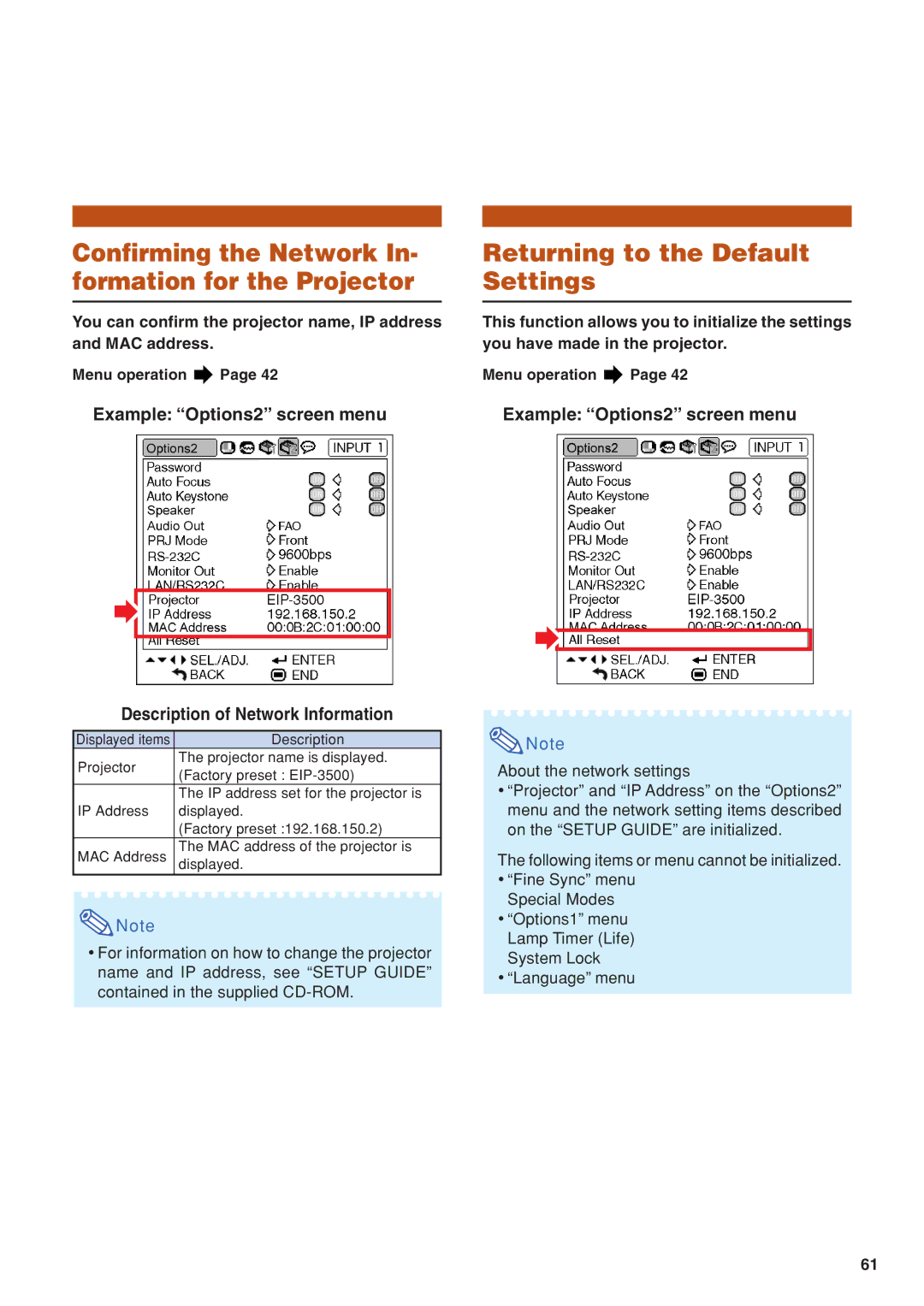 Eiki EIP-3500 owner manual Confirming the Network In- formation for the Projector 