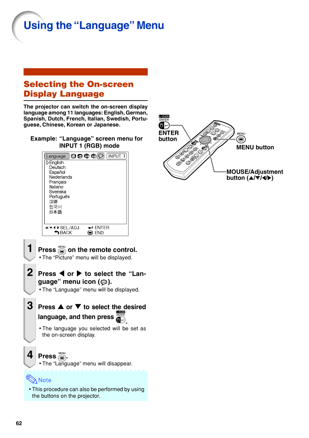 Eiki EIP-3500 owner manual Using the Language Menu, Selecting the On-screen Display Language 