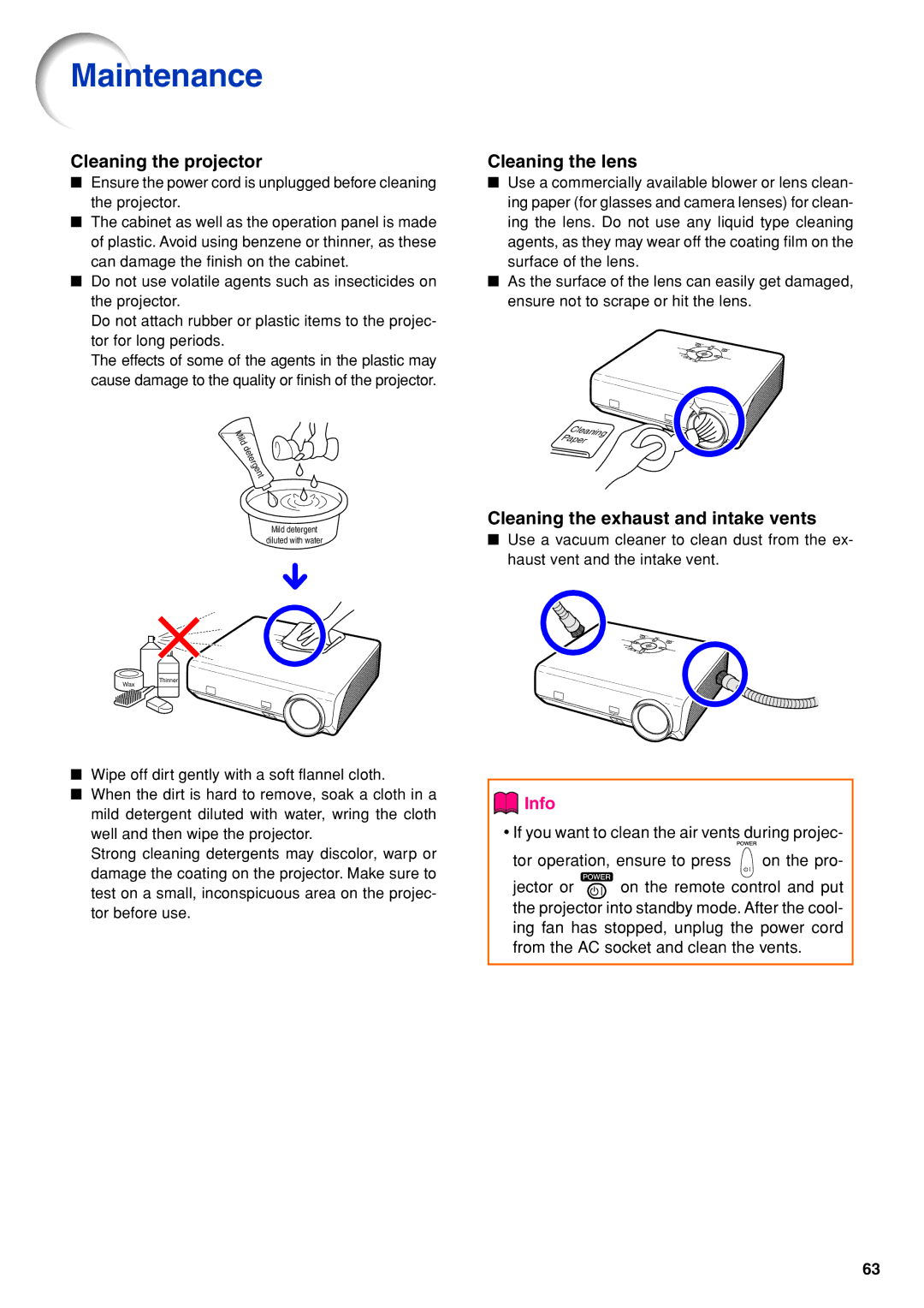 Eiki EIP-3500 owner manual Maintenance, Cleaning the projector, Cleaning the lens, Cleaning the exhaust and intake vents 