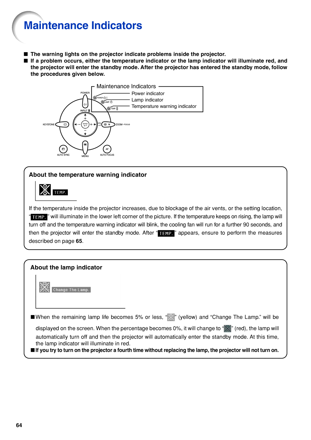 Eiki EIP-3500 owner manual Maintenance Indicators, About the temperature warning indicator, About the lamp indicator 