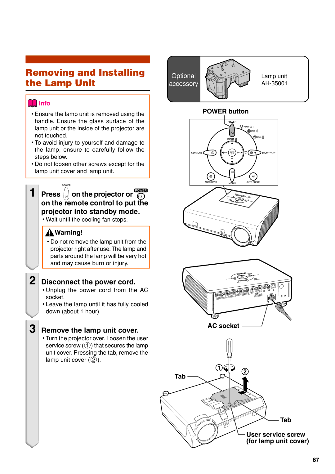 Eiki EIP-3500 owner manual Removing and Installing the Lamp Unit, Disconnect the power cord, Remove the lamp unit cover 