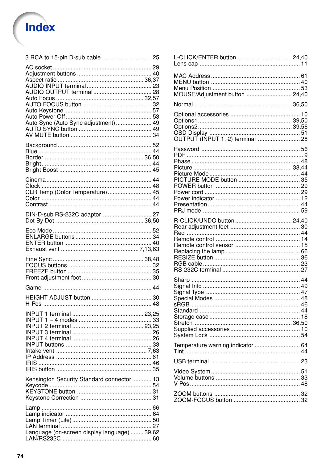 Eiki EIP-3500 owner manual Index, 32,57 