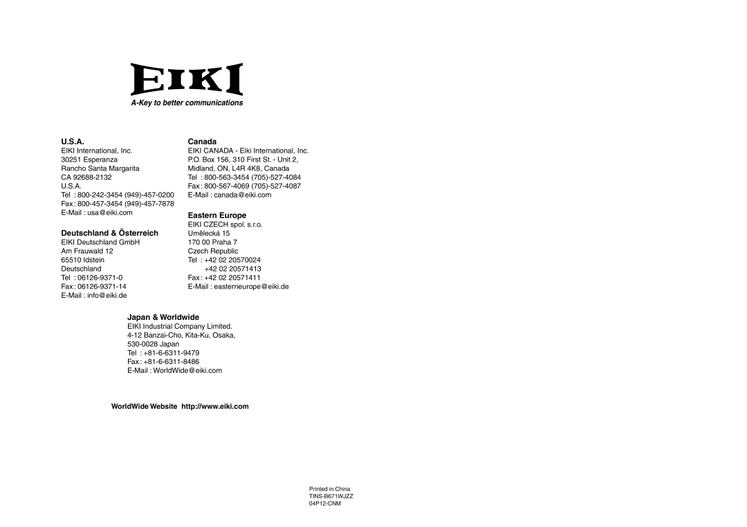 Eiki EIP-3500 owner manual Canada, Eastern Europe, Deutschland & Österreich, Japan & Worldwide 