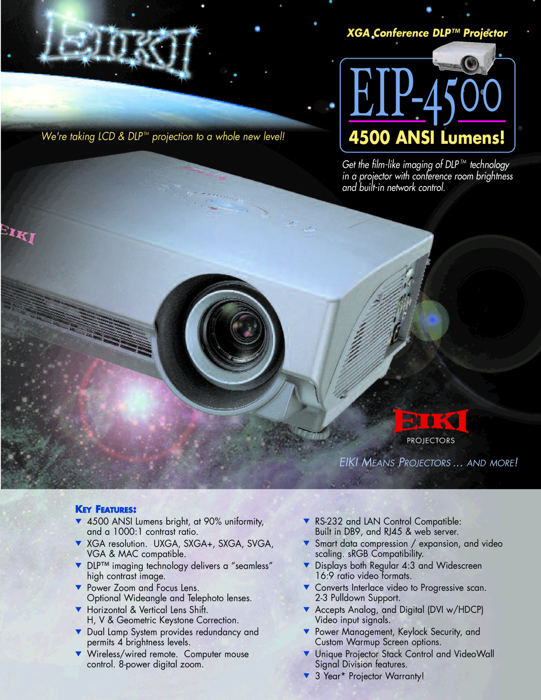 Eiki EIP-4500 warranty ANSI Lumens, XGA Conference DLP Projector, and built-innetwork control 