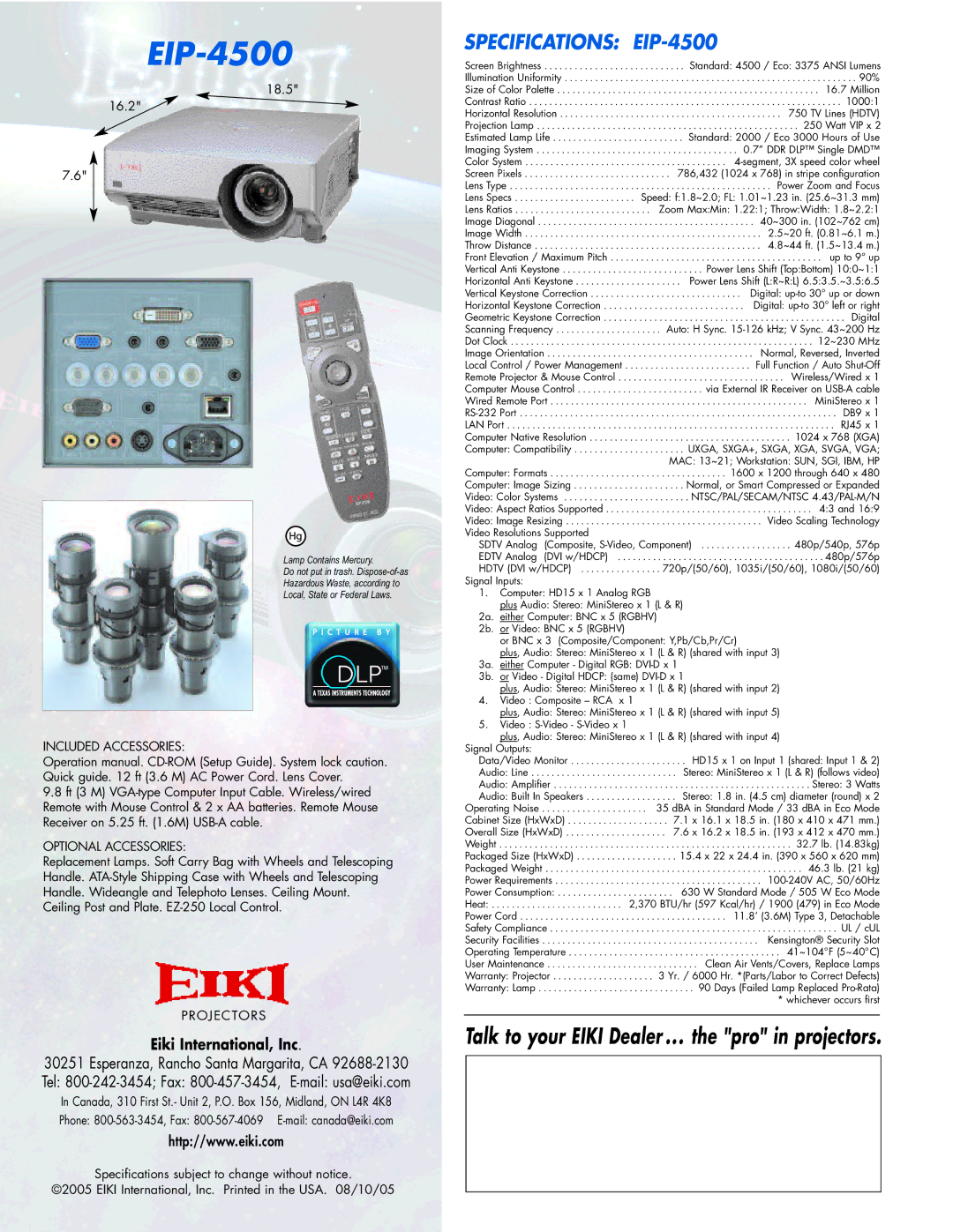 Eiki EIP-4500 warranty Included Accessories, Optional Accessories, Projectors 