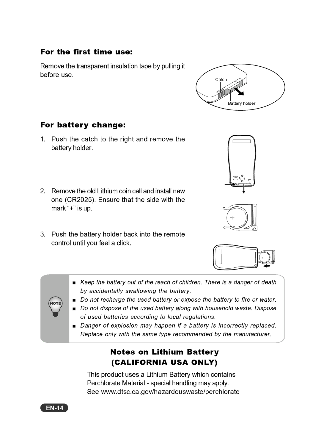 Eiki EIP-S200 owner manual For the first time use, For battery change, EN-14 