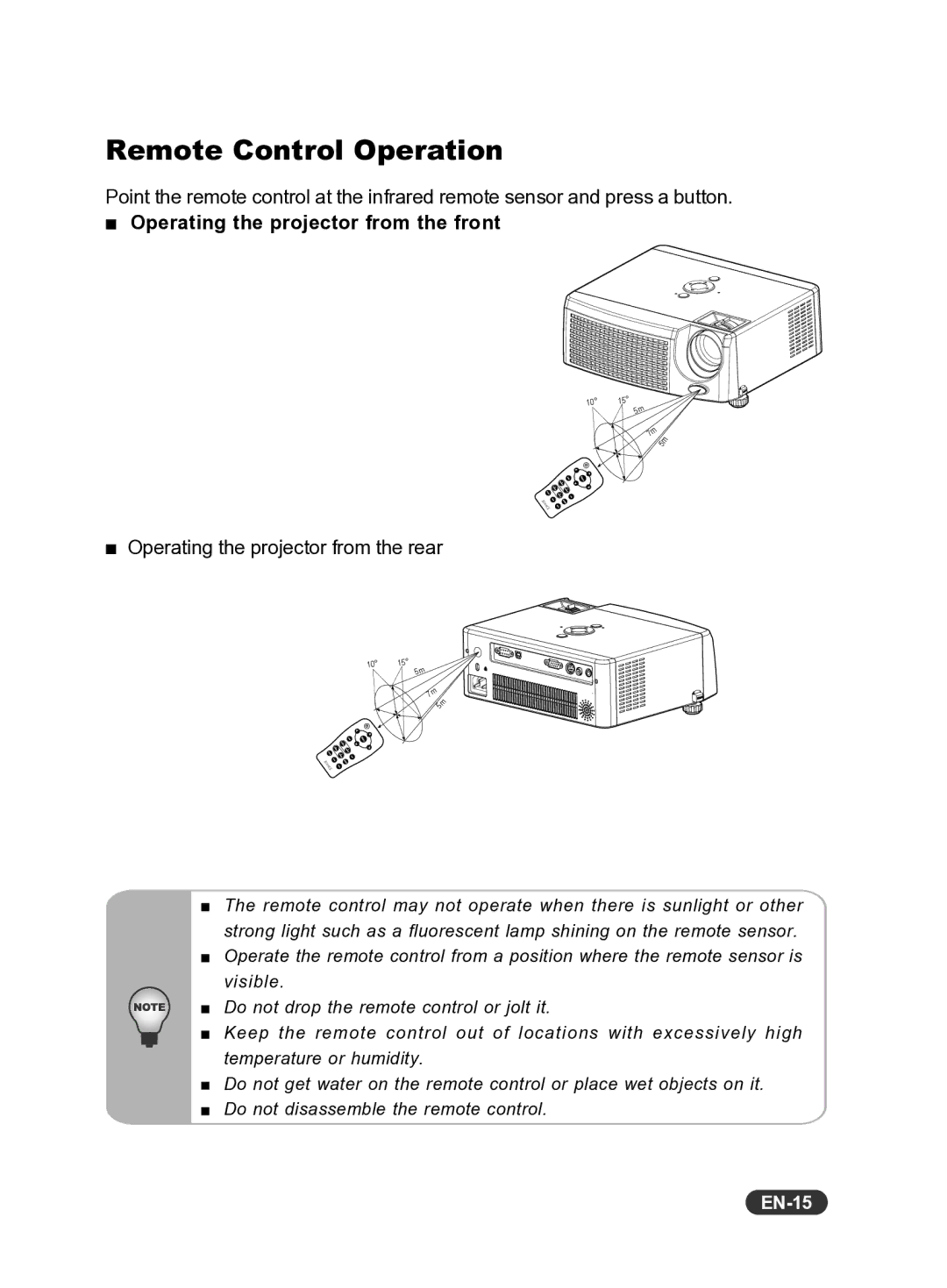 Eiki EIP-S200 owner manual Remote Control Operation, Operating the projector from the front, EN-15 