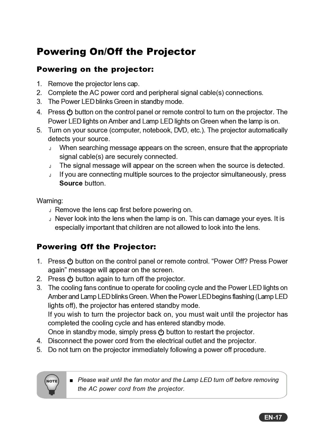 Eiki EIP-S200 owner manual Powering On/Off the Projector, Powering on the projector, Powering Off the Projector, EN-17 