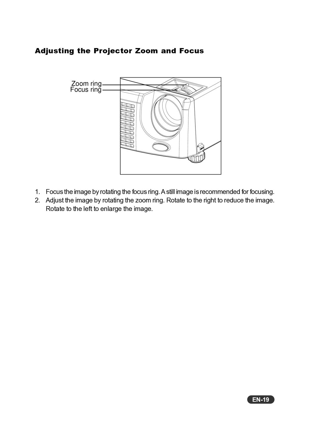 Eiki EIP-S200 owner manual Adjusting the Projector Zoom and Focus, EN-19 