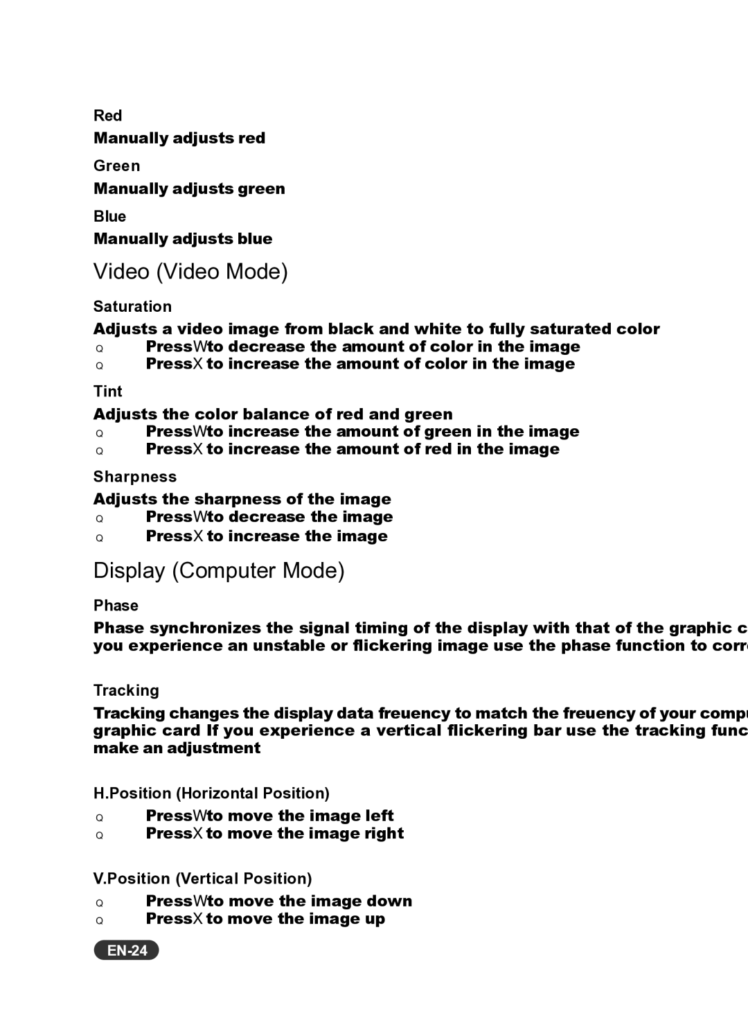 Eiki EIP-S200 owner manual Video Video Mode, Display Computer Mode, EN-24 