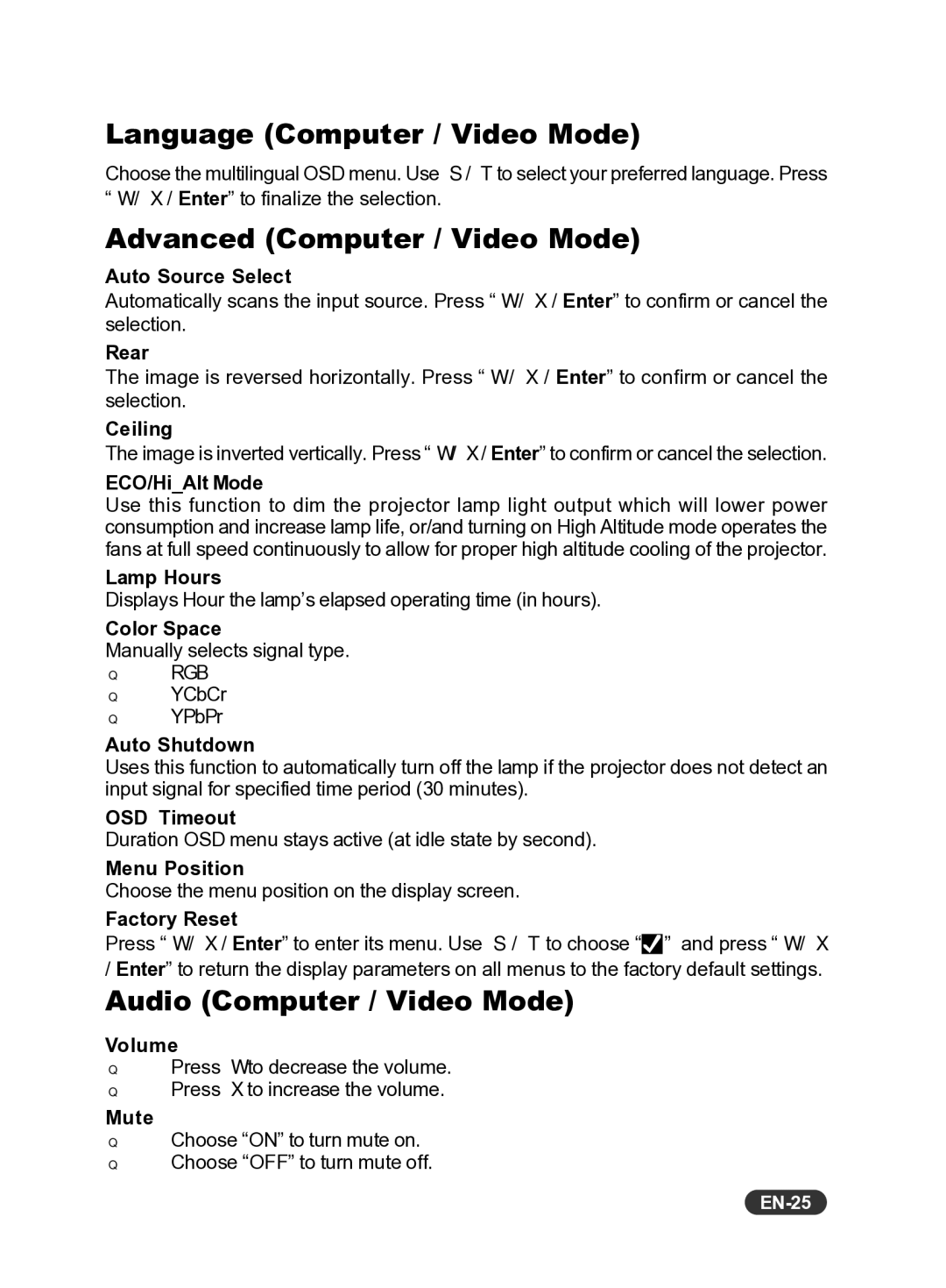 Eiki EIP-S200 Language Computer / Video Mode, Advanced Computer / Video Mode, Audio Computer / Video Mode, EN-25 