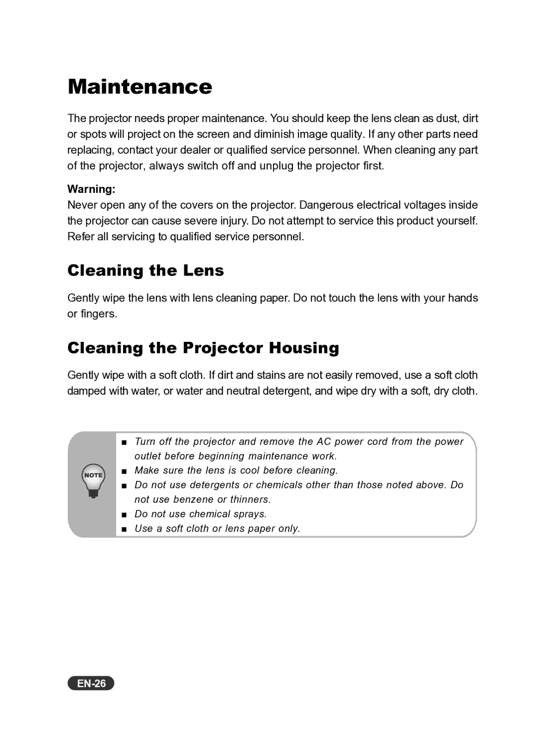 Eiki EIP-S200 owner manual Maintenance, Cleaning the Lens, Cleaning the Projector Housing, EN-26 