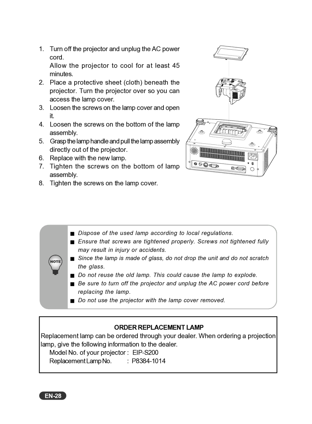 Eiki EIP-S200 owner manual Order Replacement Lamp, EN-28 