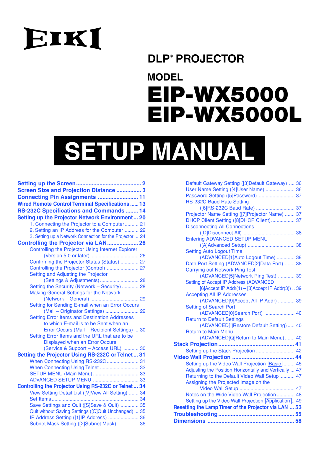 Eiki specifications Setup Manual, EIP-WX5000 EIP-WX5000L, Dlp Projector, Model, Screen Size and Projection Distance 