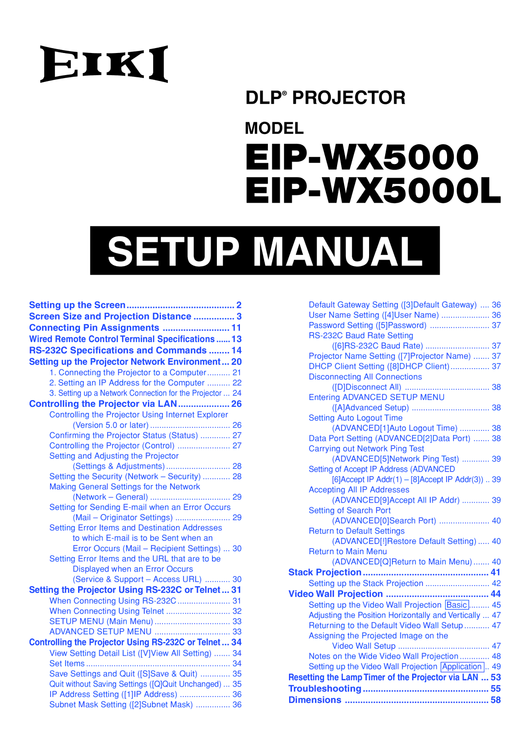 Eiki EIP-WX5000L specifications Setup Manual 