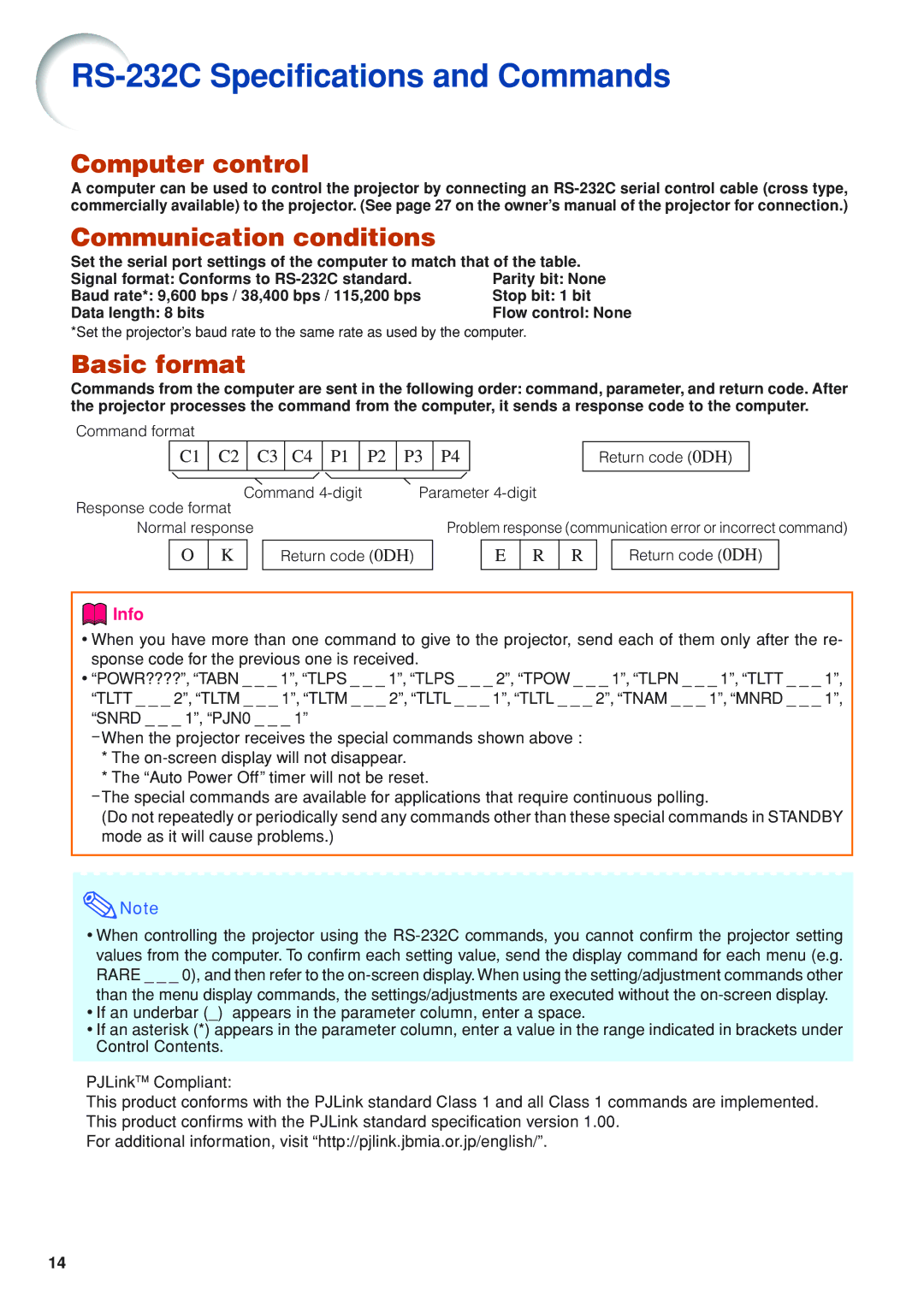 Eiki EIP-WX5000L RS-232C Specifications and Commands, Computer control Communication conditions, Basic format 