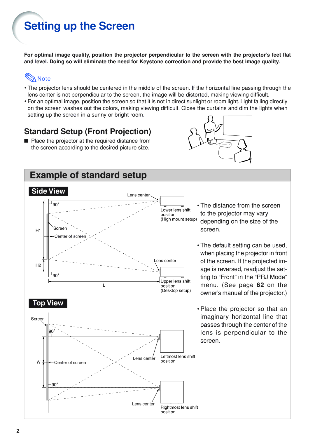 Eiki EIP-WX5000L specifications Setting up the Screen, Standard Setup Front Projection 