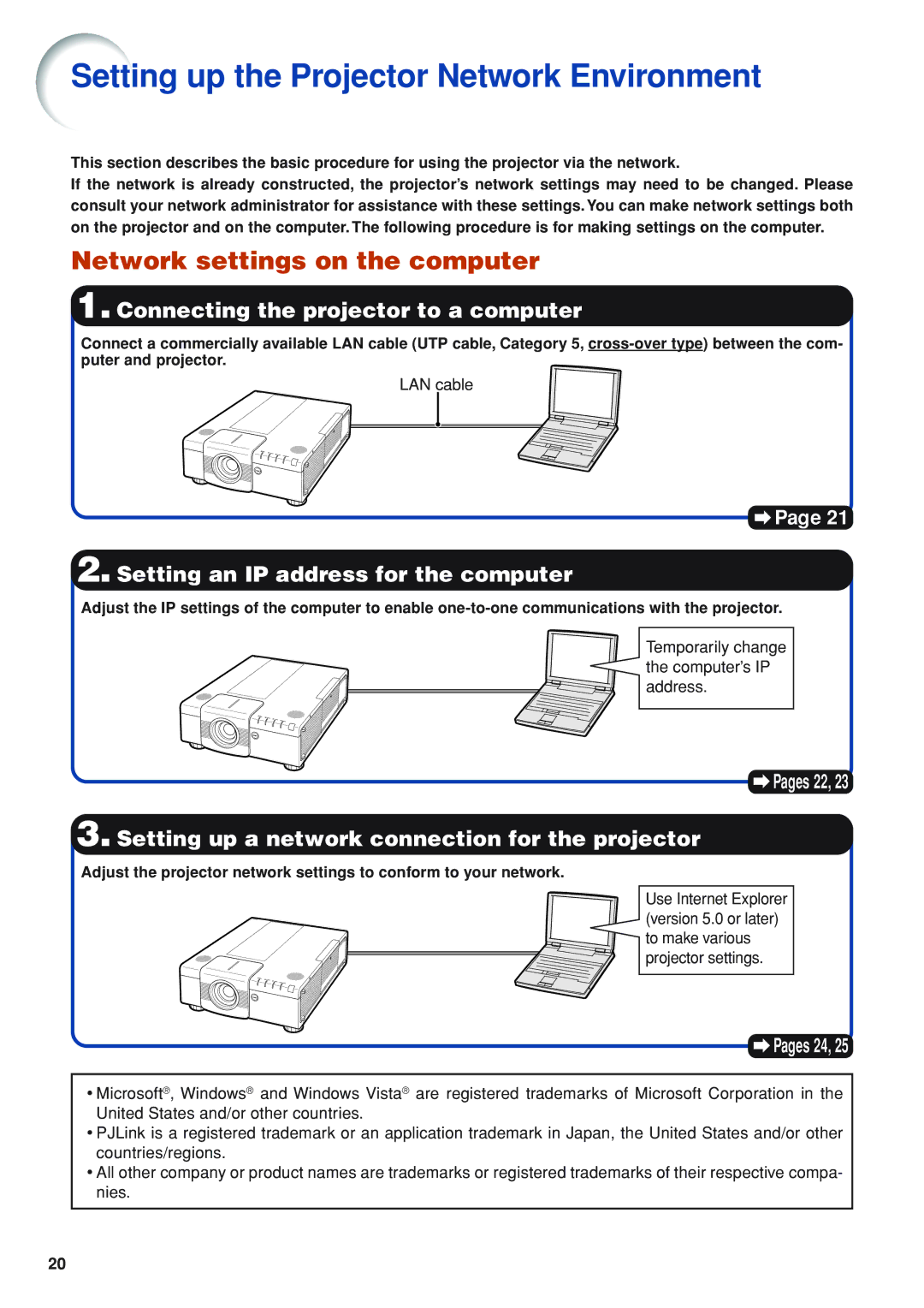 Eiki EIP-WX5000L specifications Setting up the Projector Network Environment, Network settings on the computer 