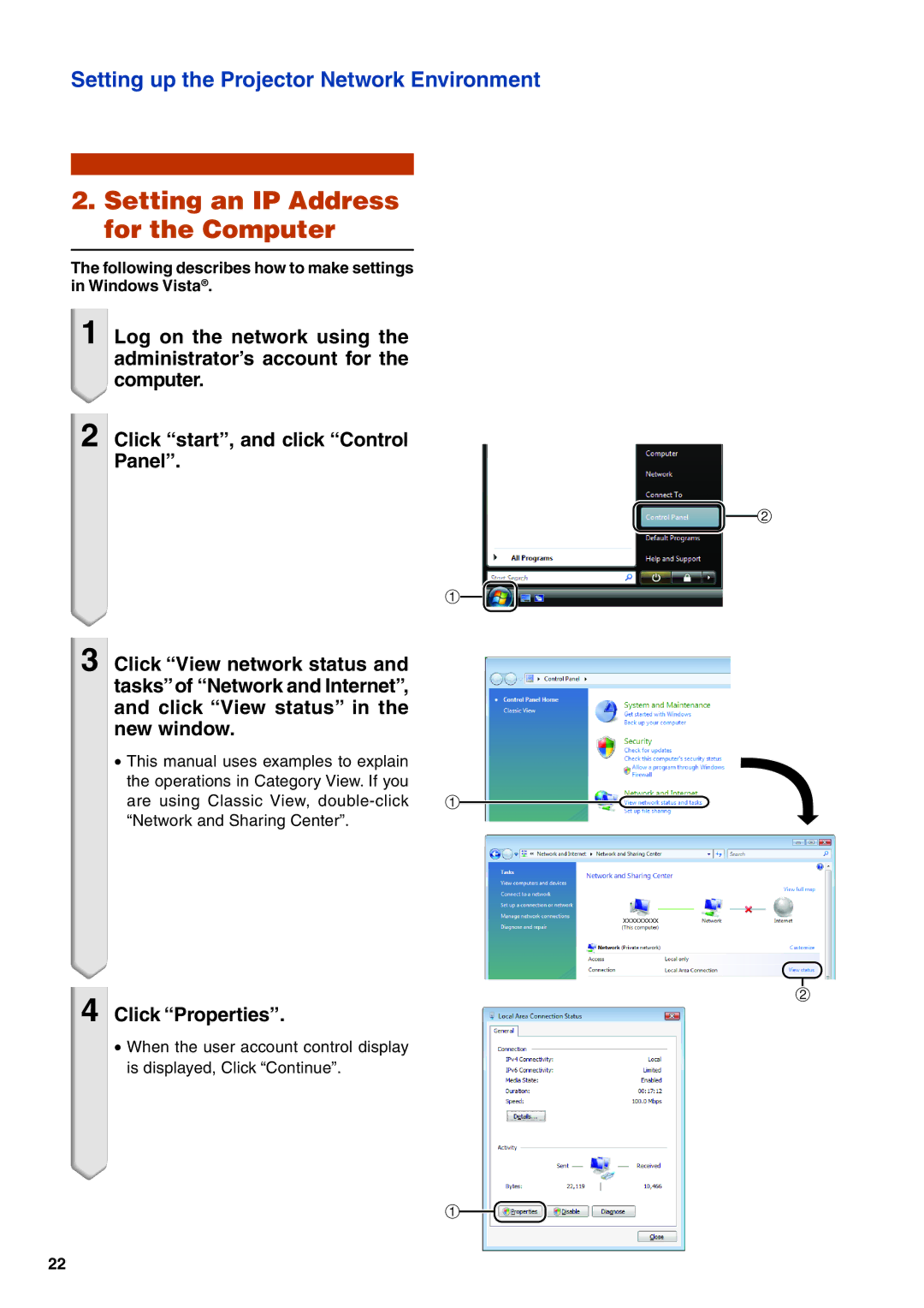 Eiki EIP-WX5000L specifications Setting an IP Address for the Computer, Click Properties 