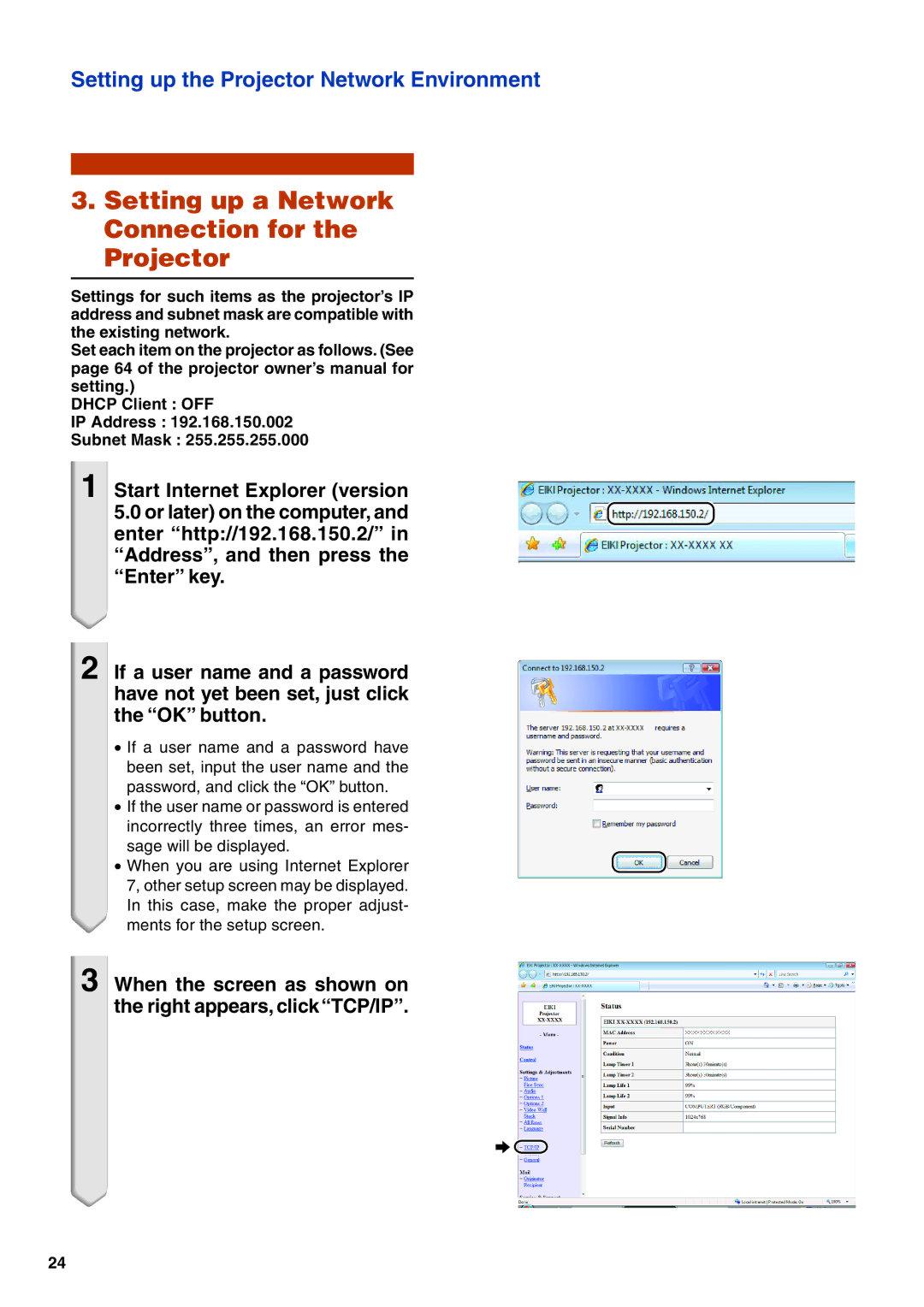 Eiki EIP-WX5000L specifications Setting up a Network Connection for the Projector 