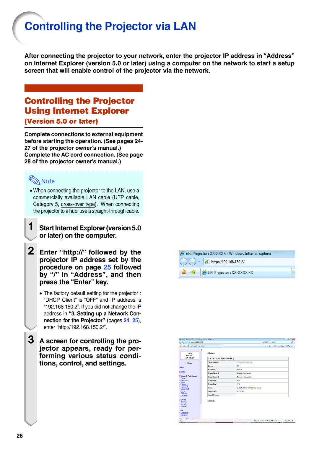 Eiki EIP-WX5000L specifications Controlling the Projector via LAN, Controlling the Projector Using Internet Explorer 