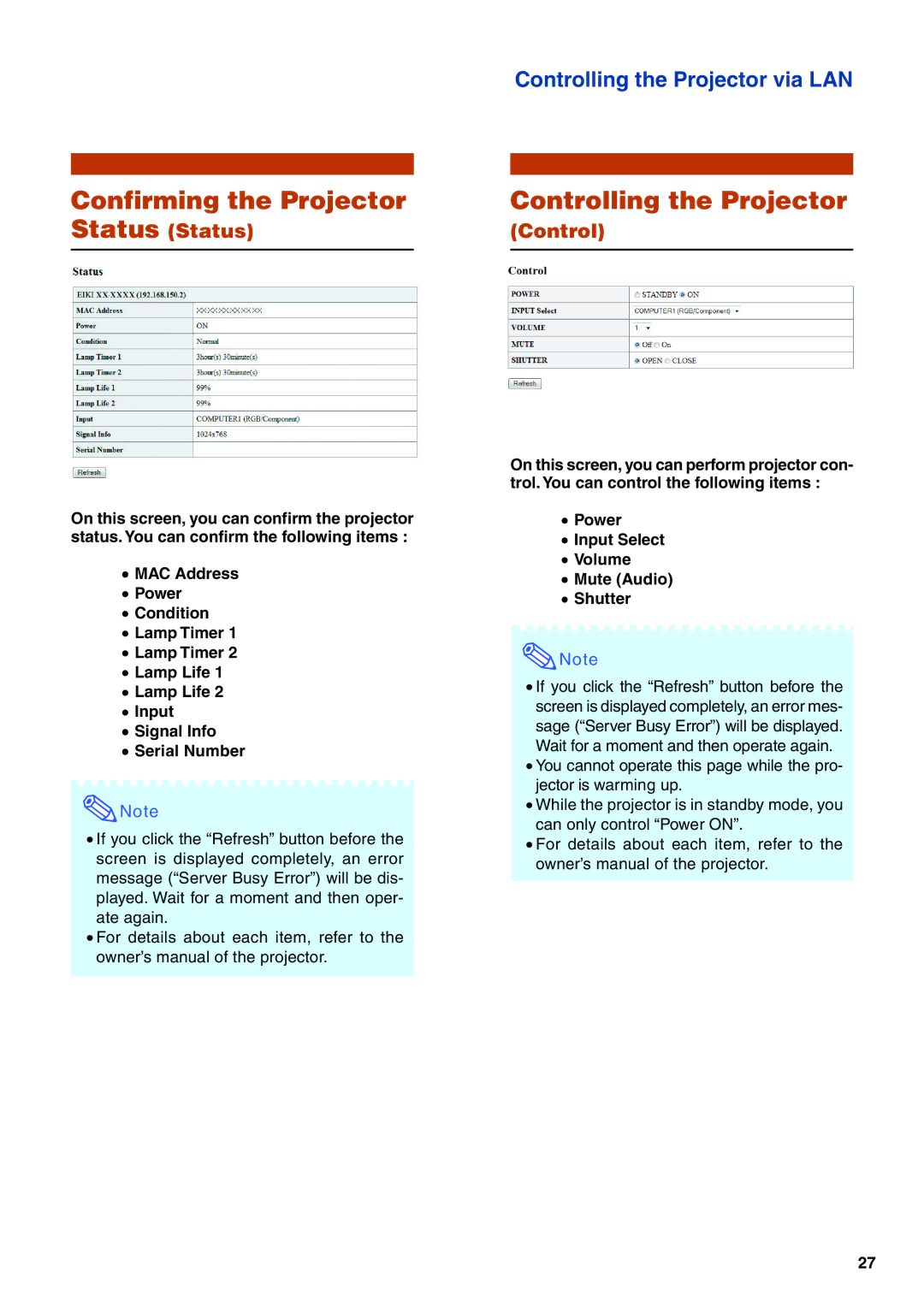 Eiki EIP-WX5000L specifications Confirming the Projector, Controlling the Projector 