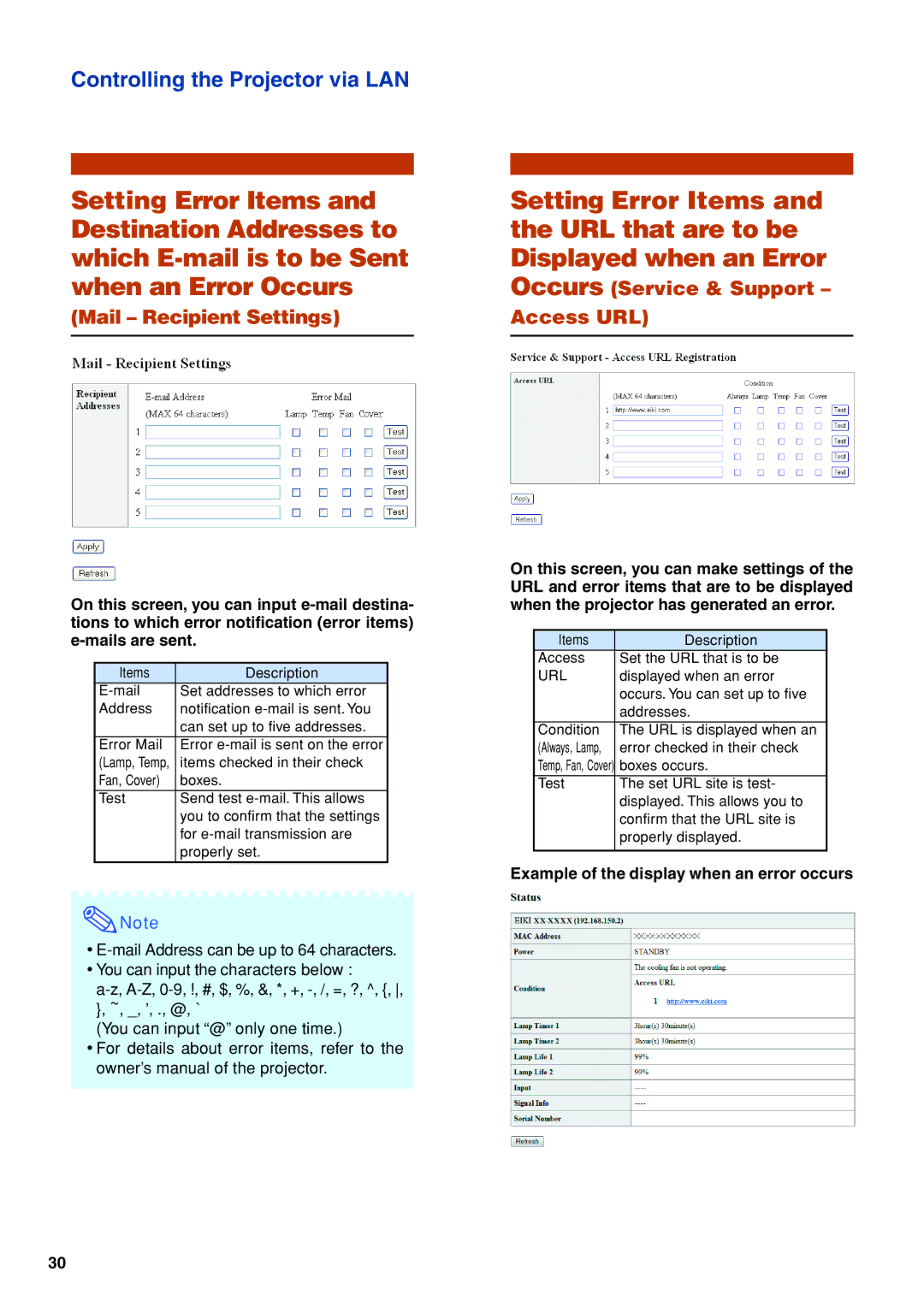 Eiki EIP-WX5000L specifications Mail Recipient Settings 