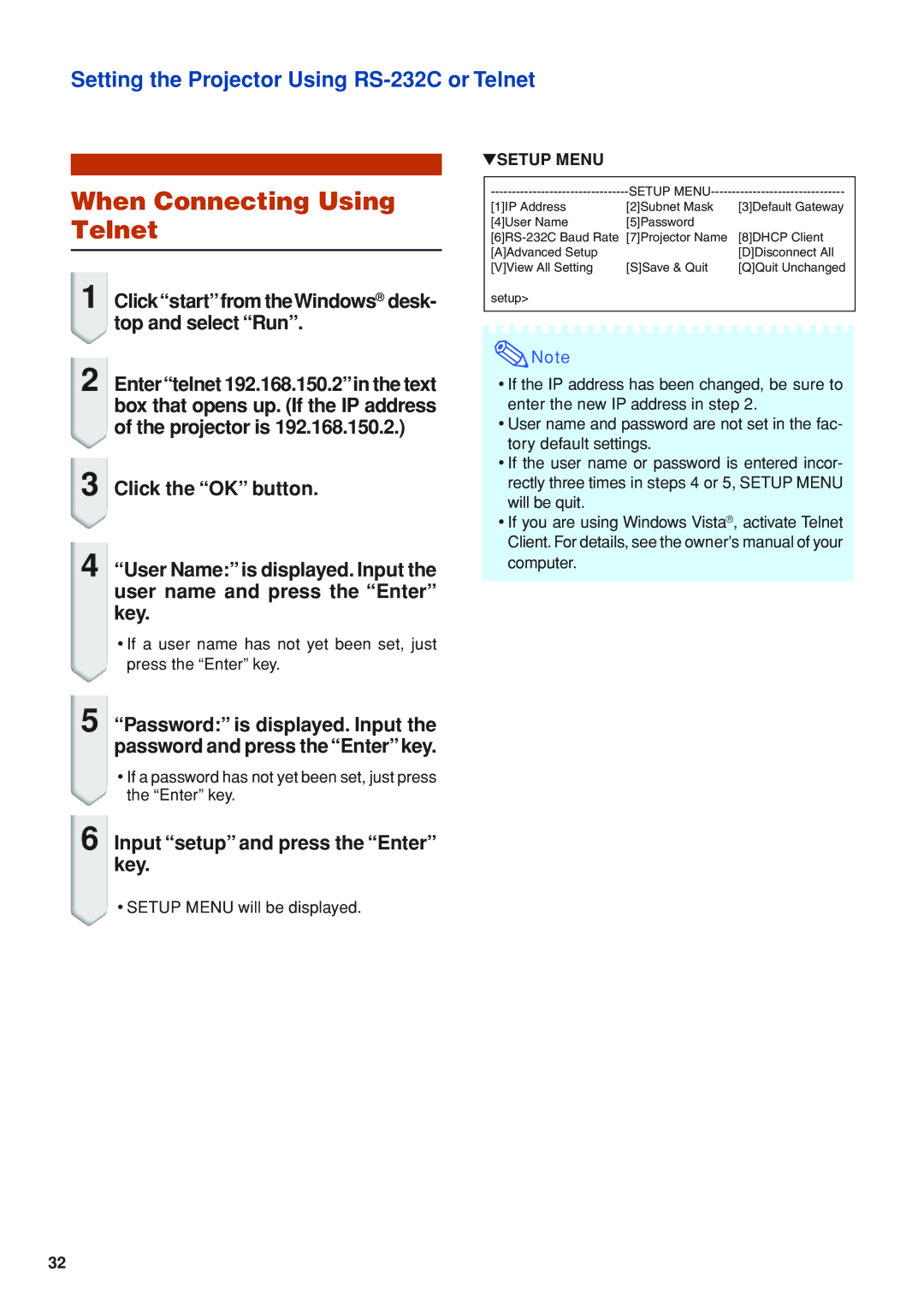 Eiki EIP-WX5000L specifications When Connecting Using Telnet, Clickstartfrom theWindows desk- top and select Run 