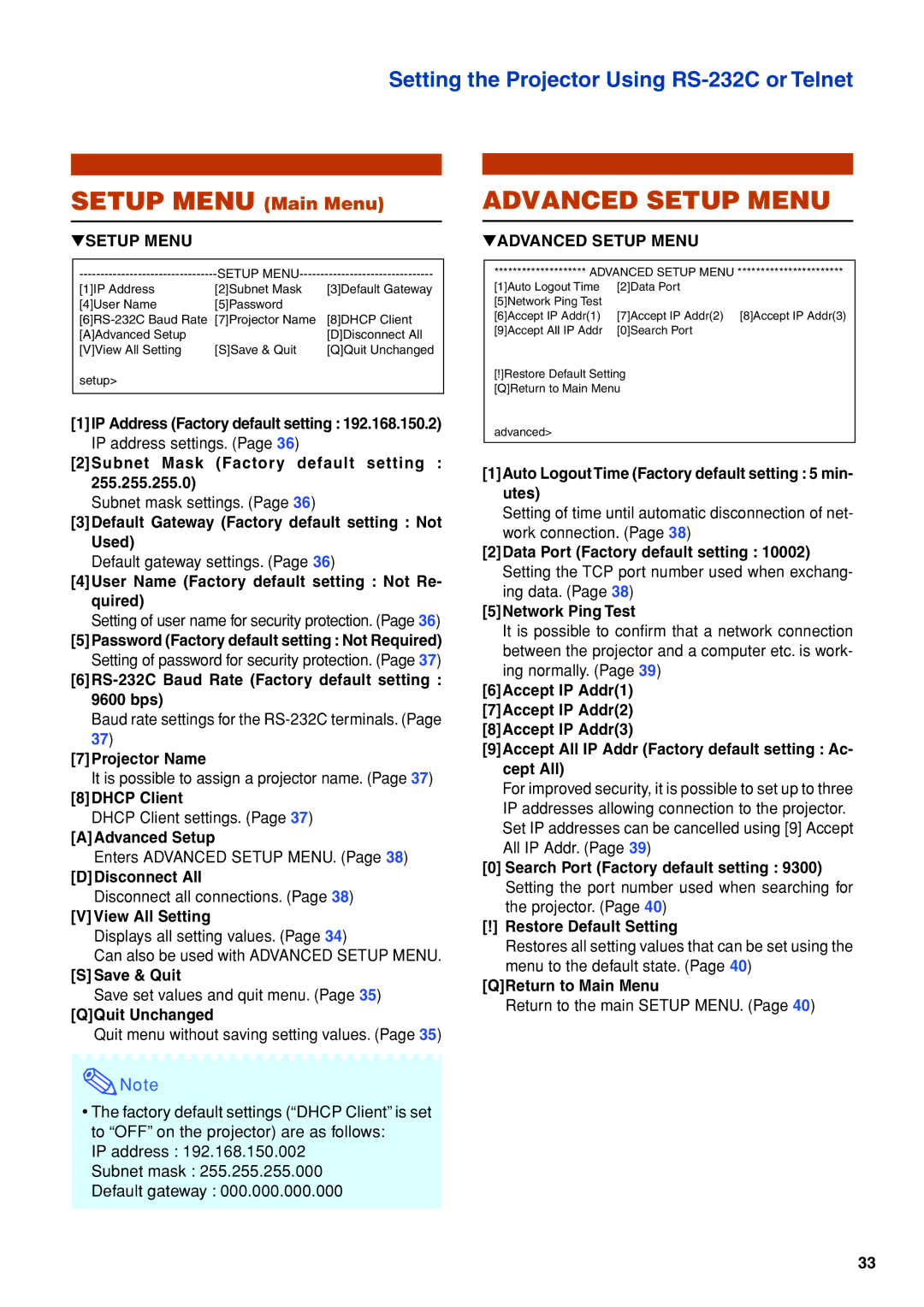 Eiki EIP-WX5000L specifications Setup Menu Main Menu, Advanced Setup Menu 