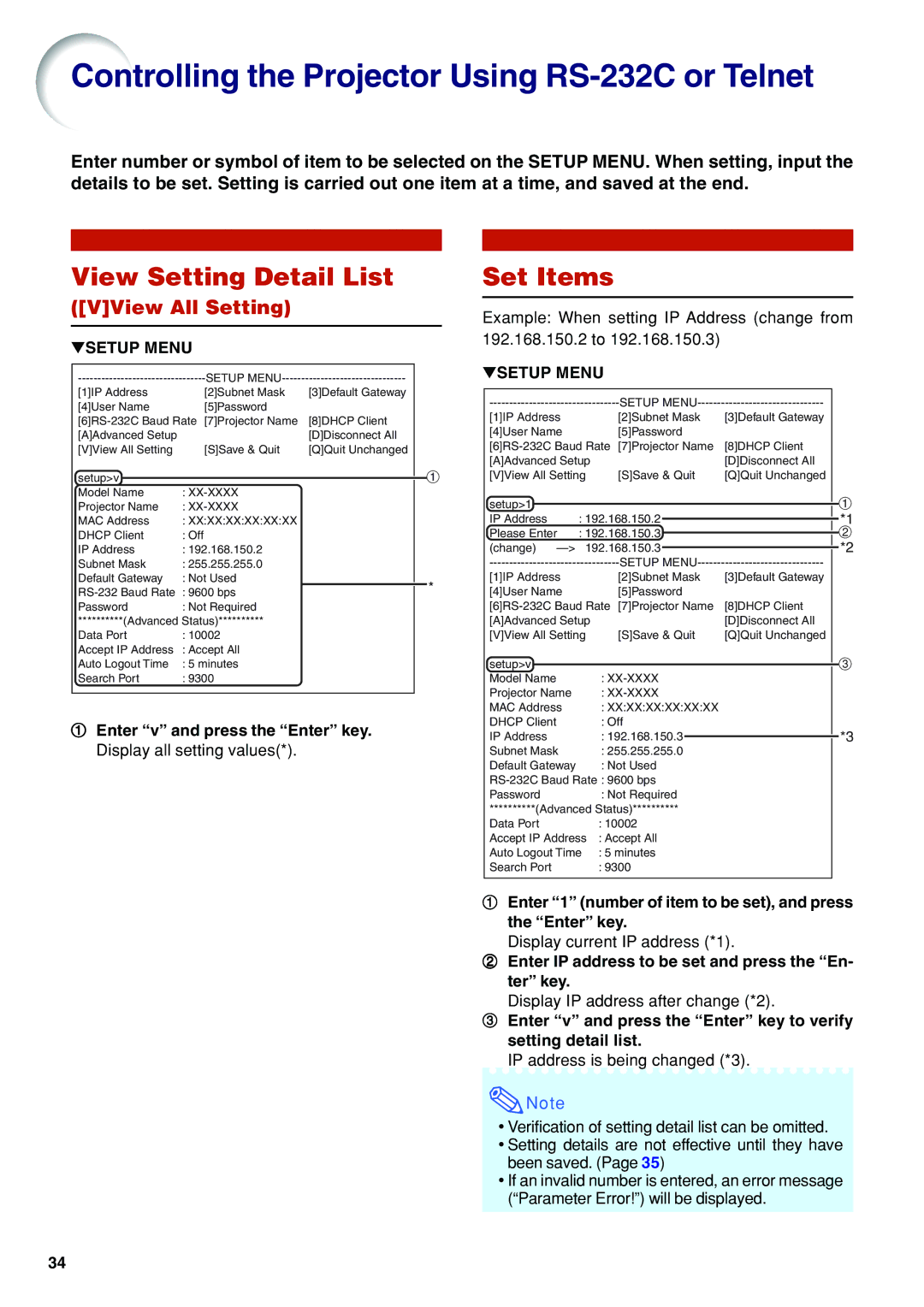 Eiki EIP-WX5000L specifications View Setting Detail List, Set Items, VView All Setting 