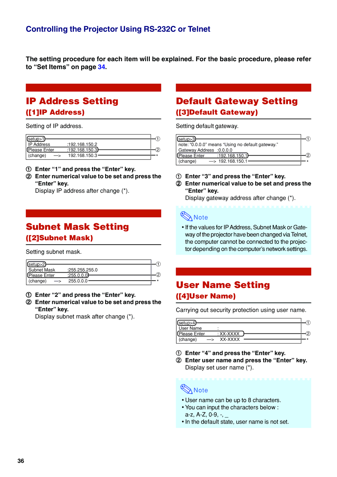 Eiki EIP-WX5000L specifications IP Address Setting, Default Gateway Setting, Subnet Mask Setting, User Name Setting 