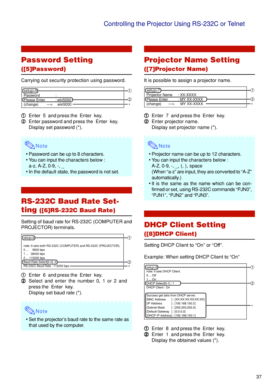 Eiki EIP-WX5000L specifications Password Setting, Projector Name Setting, RS-232C Baud Rate Set, Dhcp Client Setting 