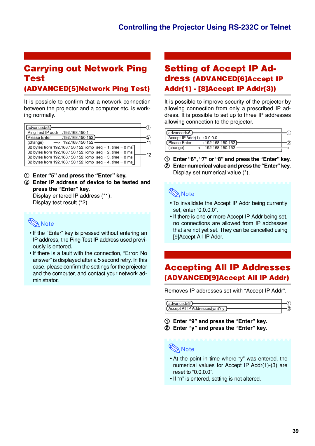 Eiki EIP-WX5000L Carrying out Network Ping Test, Setting of Accept IP Ad- dress, Accepting All IP Addresses 