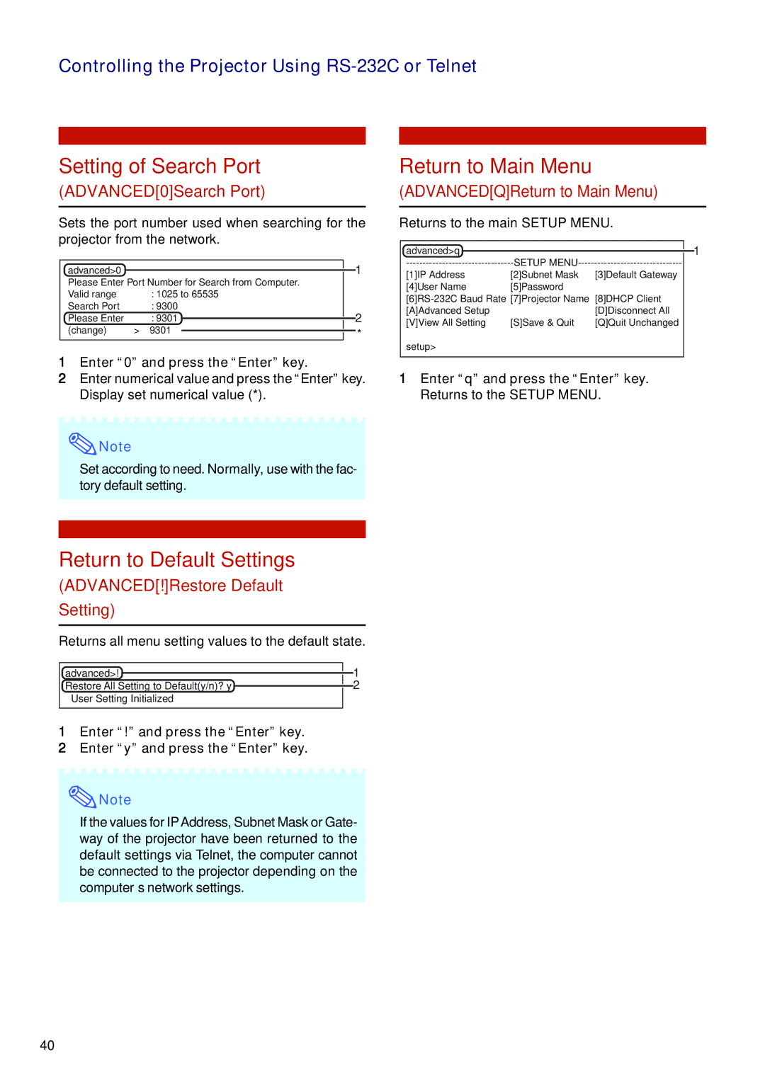 Eiki EIP-WX5000L specifications Setting of Search Port, Return to Main Menu, Return to Default Settings 