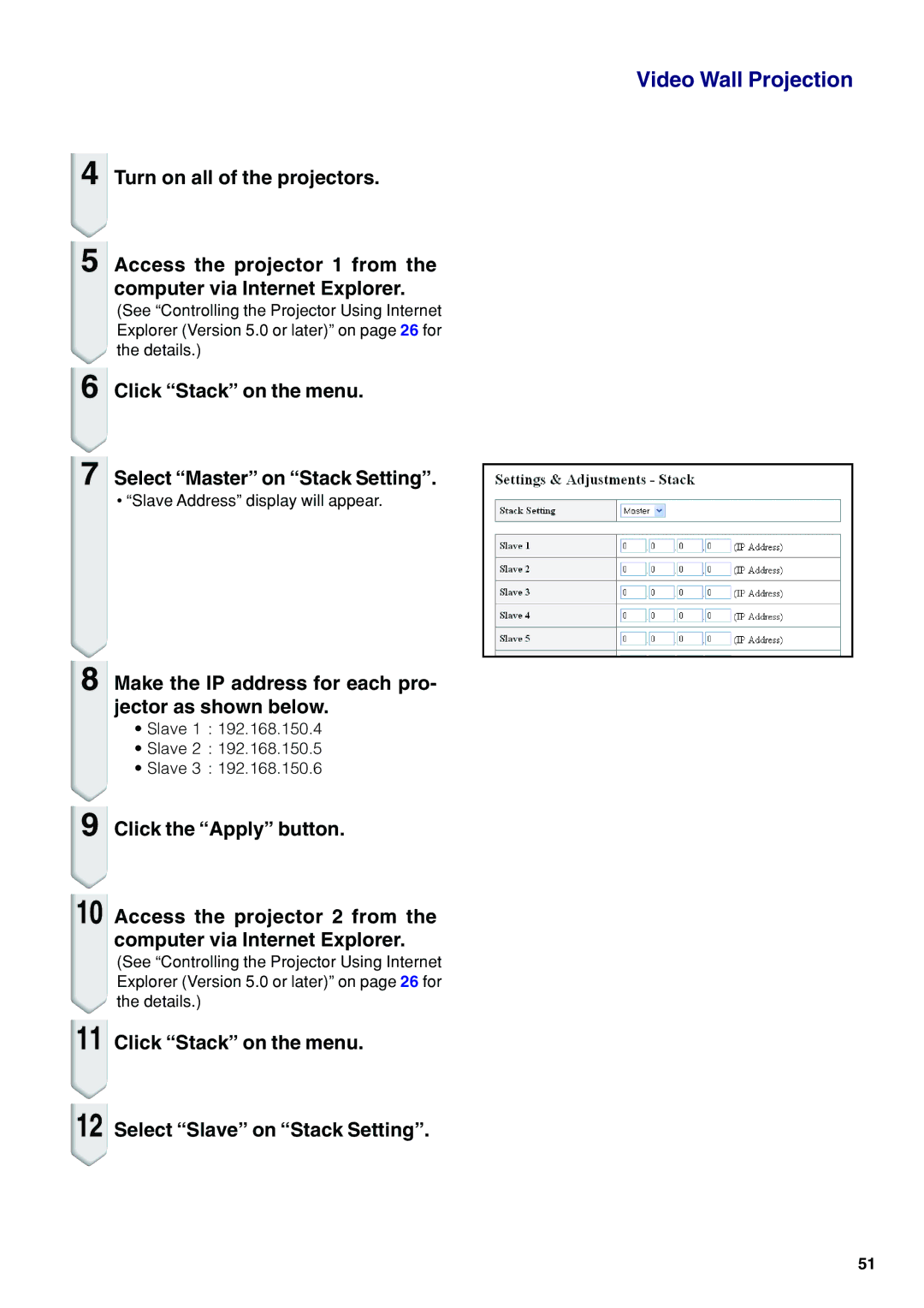 Eiki EIP-WX5000L specifications Click Stack on the menu Select Master on Stack Setting 