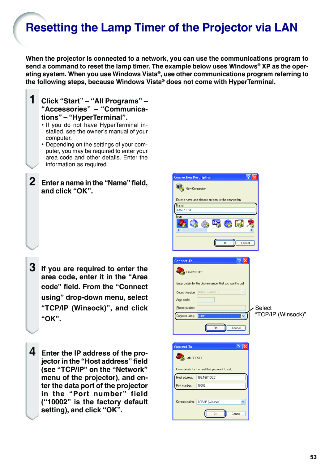 Eiki EIP-WX5000L specifications Resetting the Lamp Timer of the Projector via LAN 