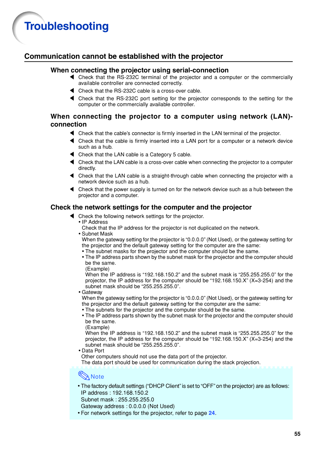 Eiki EIP-WX5000L specifications Troubleshooting, When connecting the projector using serial-connection 