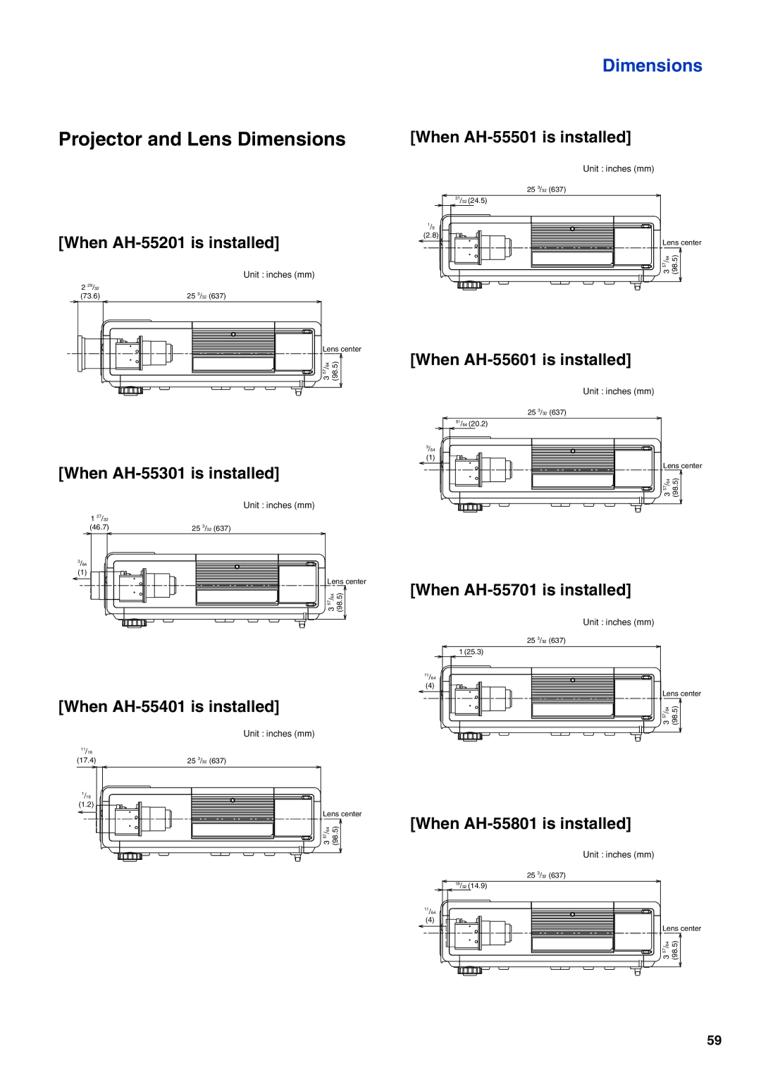 Eiki EIP-WX5000L specifications When AH-55201 is installed, When AH-55301 is installed, When AH-55401 is installed 