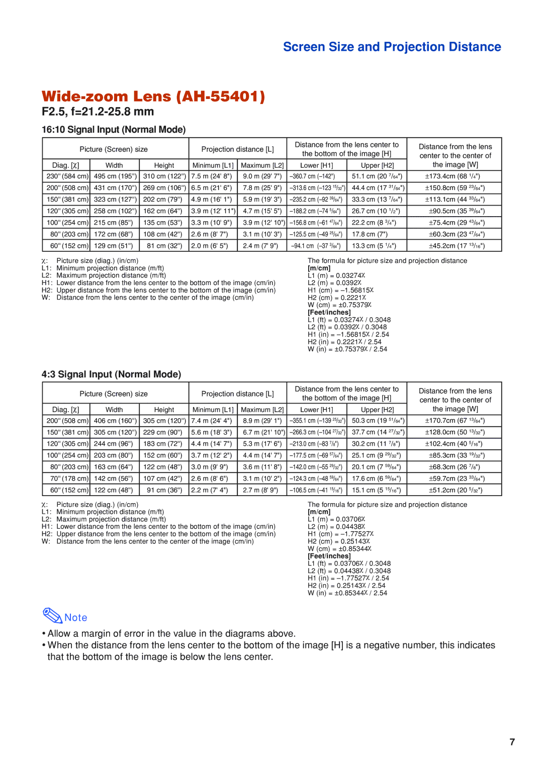 Eiki EIP-WX5000L specifications Wide-zoom Lens AH-55401, F2.5, f=21.2-25.8 mm 