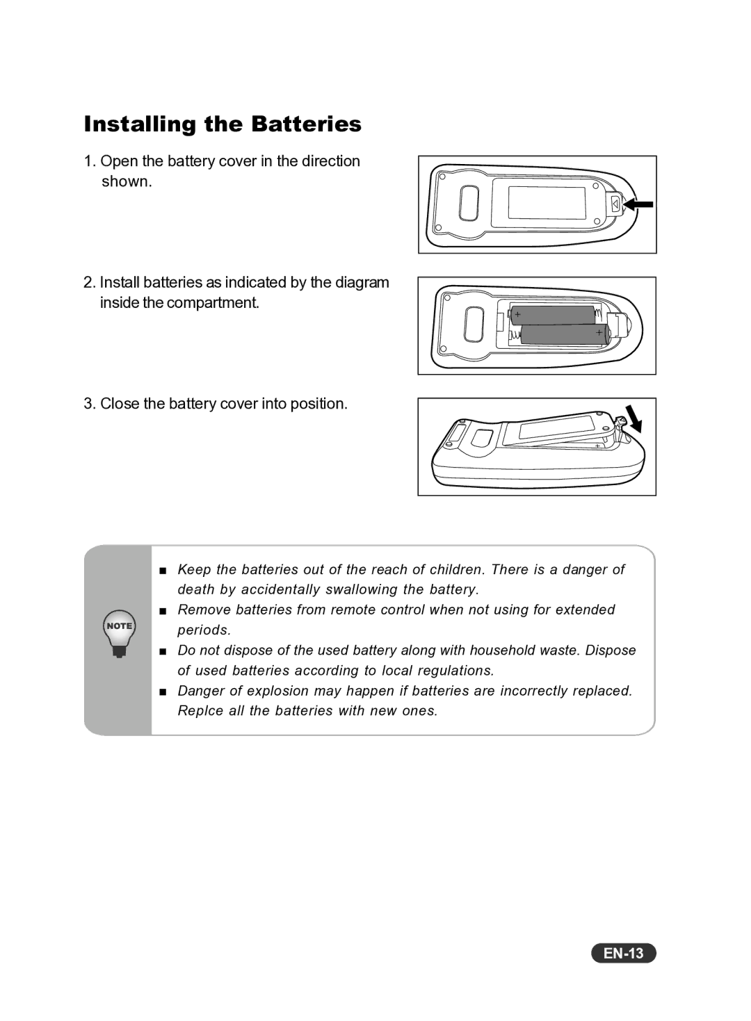 Eiki EIP-X350 owner manual Installing the Batteries, EN-13 